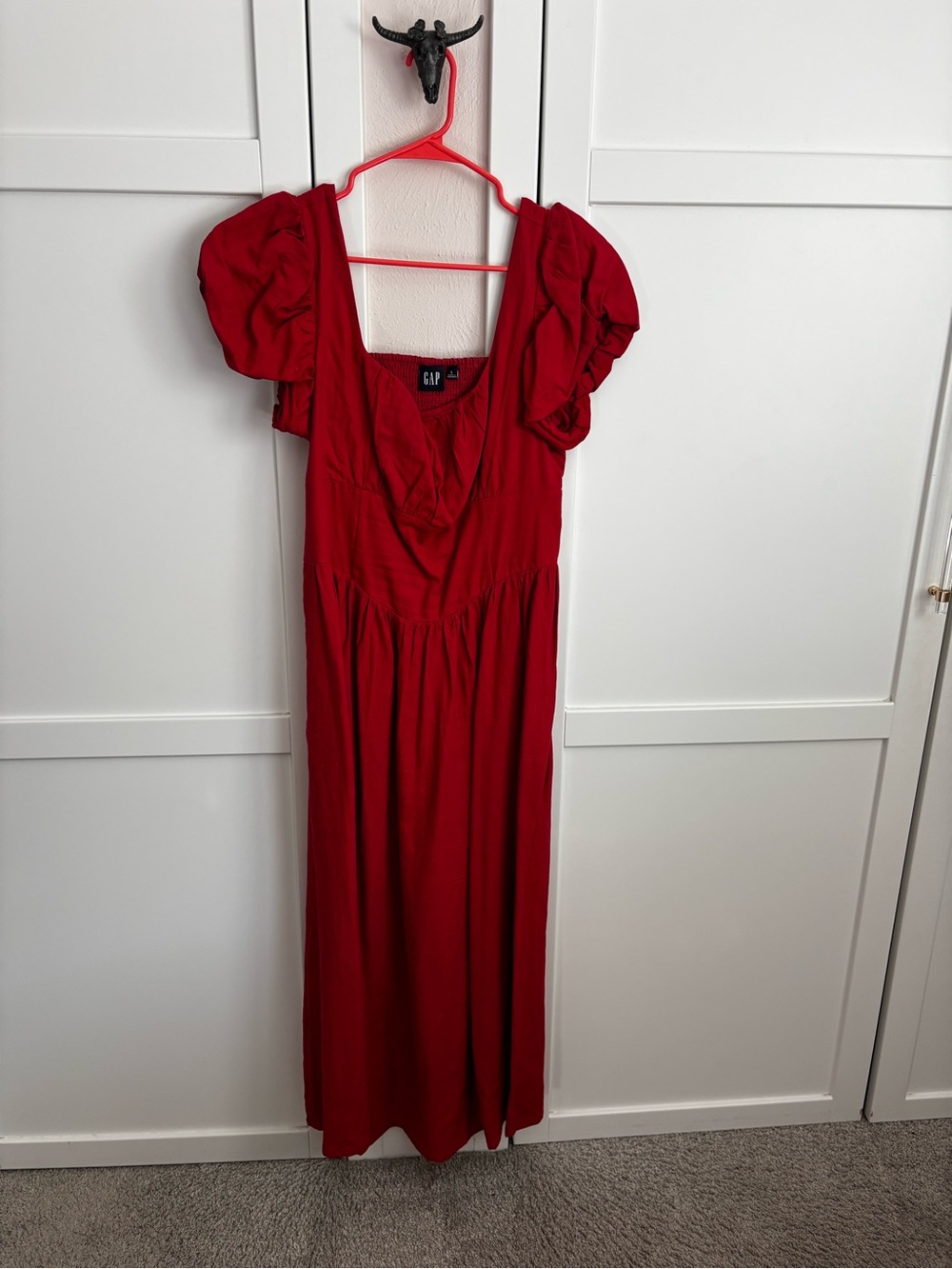 GAP Red Puff Sleeve Linen Midi Dress